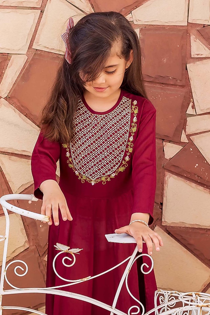 Maroon Modal Thread Embroidered Dress For Girls by MISSPRINT at Pernia's Pop Up Shop