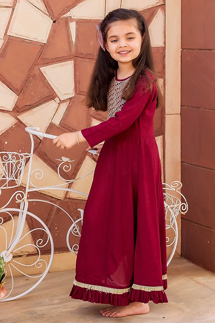 Maroon Modal Thread Embroidered Dress For Girls by MISSPRINT at Pernia's Pop Up Shop