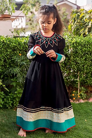 Black & Lime Georgette Hand Embroidered Dress For Girls by MISSPRINT