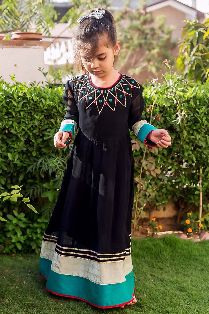 Black & Lime Georgette Hand Embroidered Dress For Girls by MISSPRINT at Pernia's Pop Up Shop
