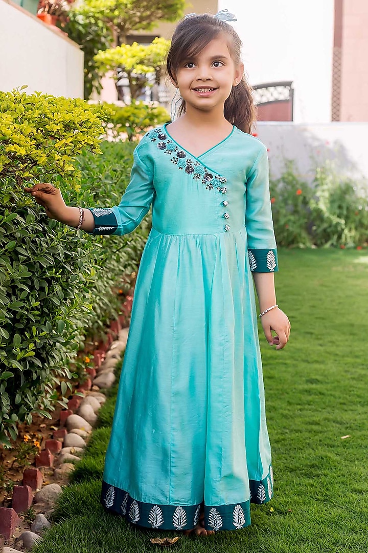 Mint Green Chanderi Thread Embroidered Dress For Girls by MISSPRINT at Pernia's Pop Up Shop