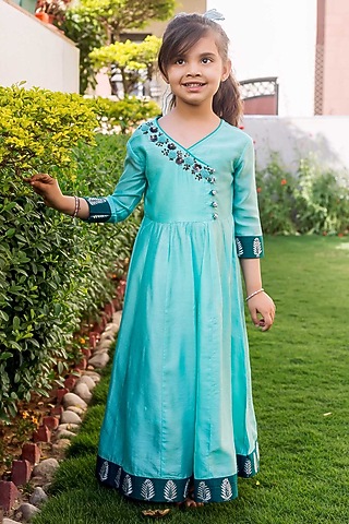 Mint Green Chanderi Thread Embroidered Dress For Girls by MISSPRINT