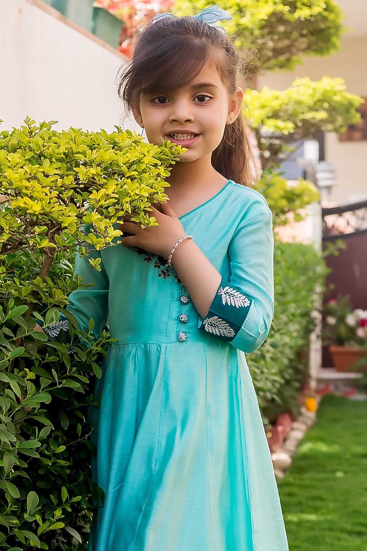 Mint Green Chanderi Thread Embroidered Dress For Girls by MISSPRINT at Pernia's Pop Up Shop