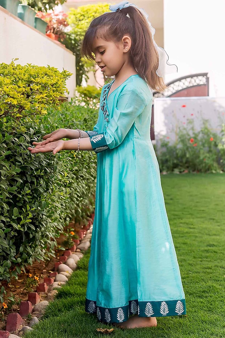 Mint Green Chanderi Thread Embroidered Dress For Girls by MISSPRINT at Pernia's Pop Up Shop