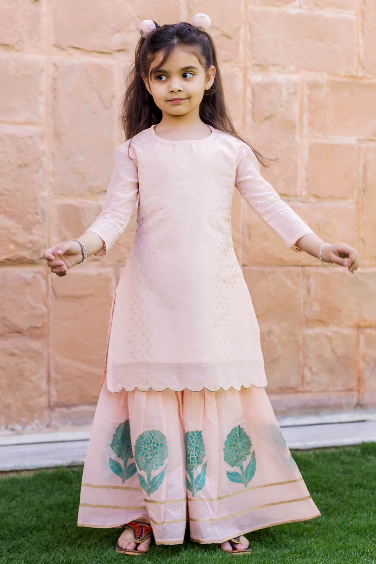 Peach Chanderi Boota Printed Sharara Set For Girls by MISSPRINT at Pernia's Pop Up Shop