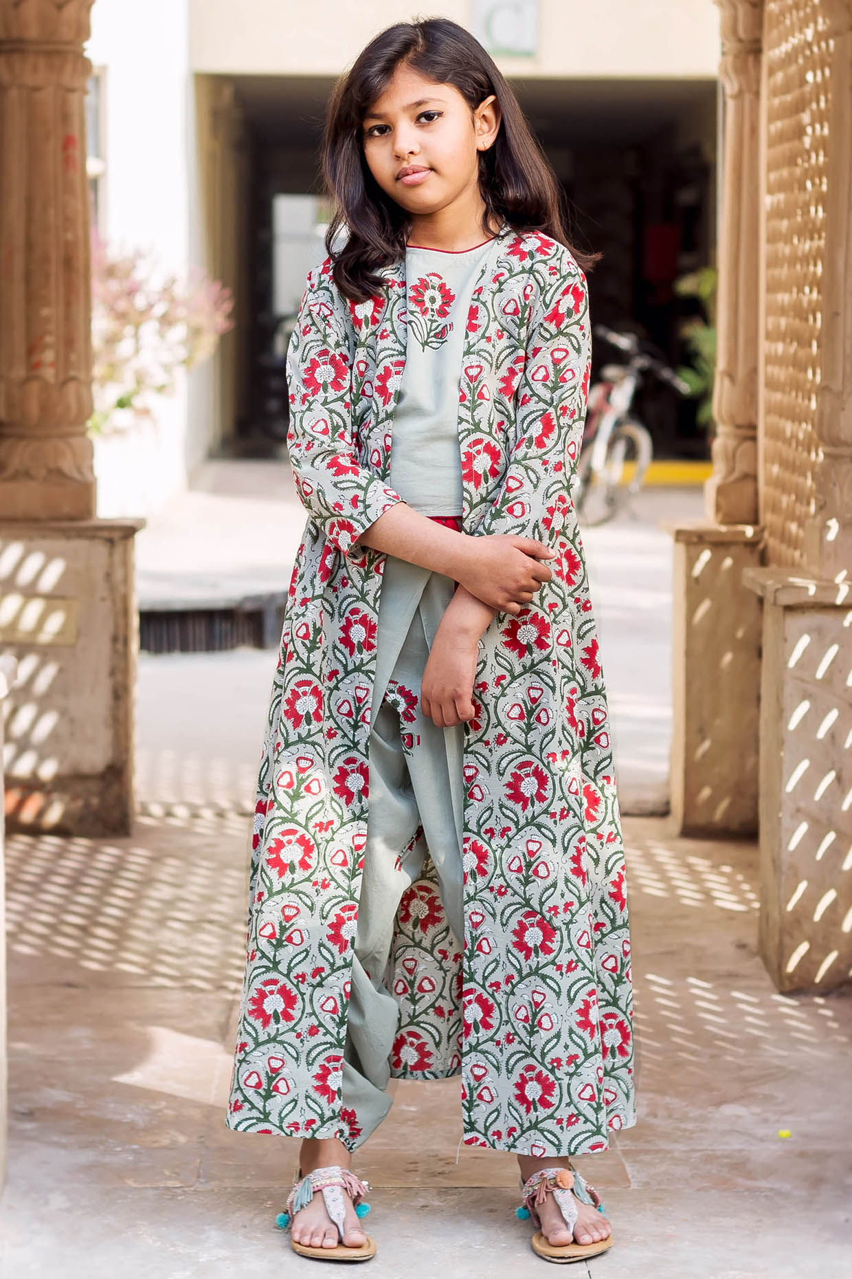 Frosty Mint Cotton Jaal Printed Jacket Set For Girls by MISSPRINT at Pernia's Pop Up Shop