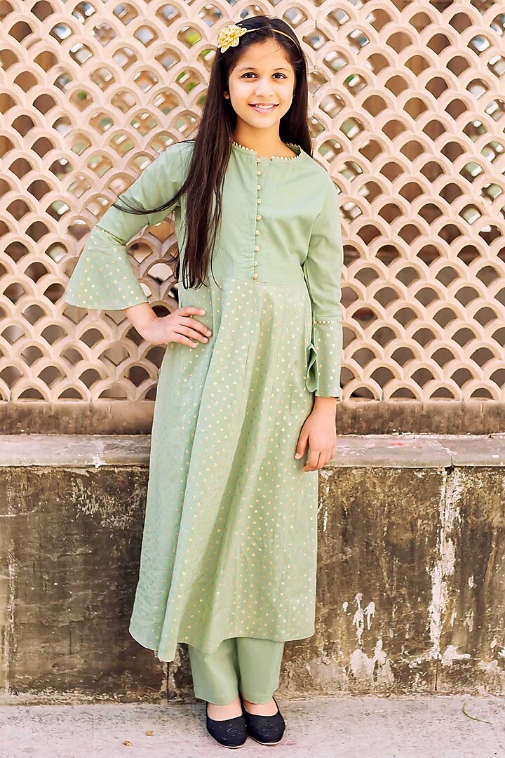 Mint Green Cotton Hand Block Printed Kurta Set For Girls by MISSPRINT at Pernia's Pop Up Shop