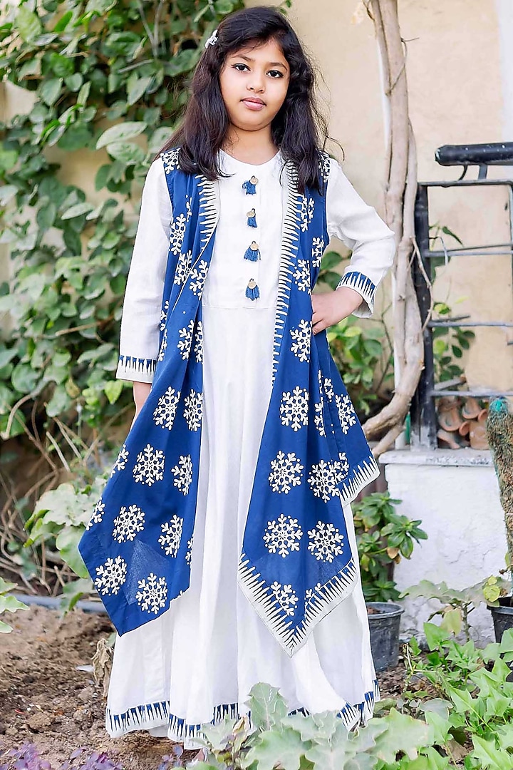 White & Blue Cotton Hand Block Printed Jacket Dress For Girls by MISSPRINT at Pernia's Pop Up Shop