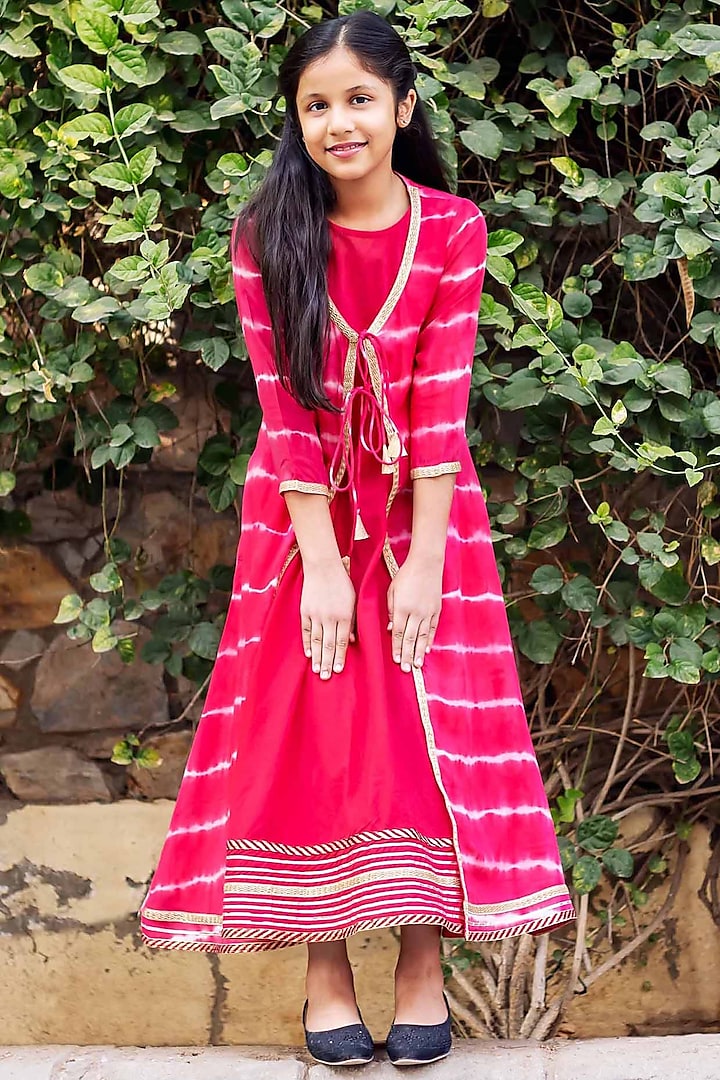 Red Cotton & Rayon Tie-Dye Printed Jacket Dress For Girls by MISSPRINT at Pernia's Pop Up Shop