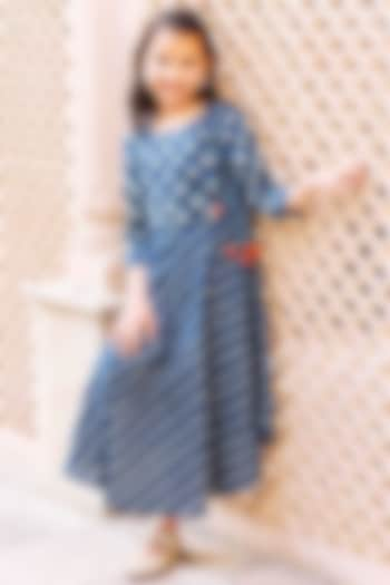 Indigo Blue Cotton Printed Angrakha Dress For Girls by MISSPRINT at Pernia's Pop Up Shop