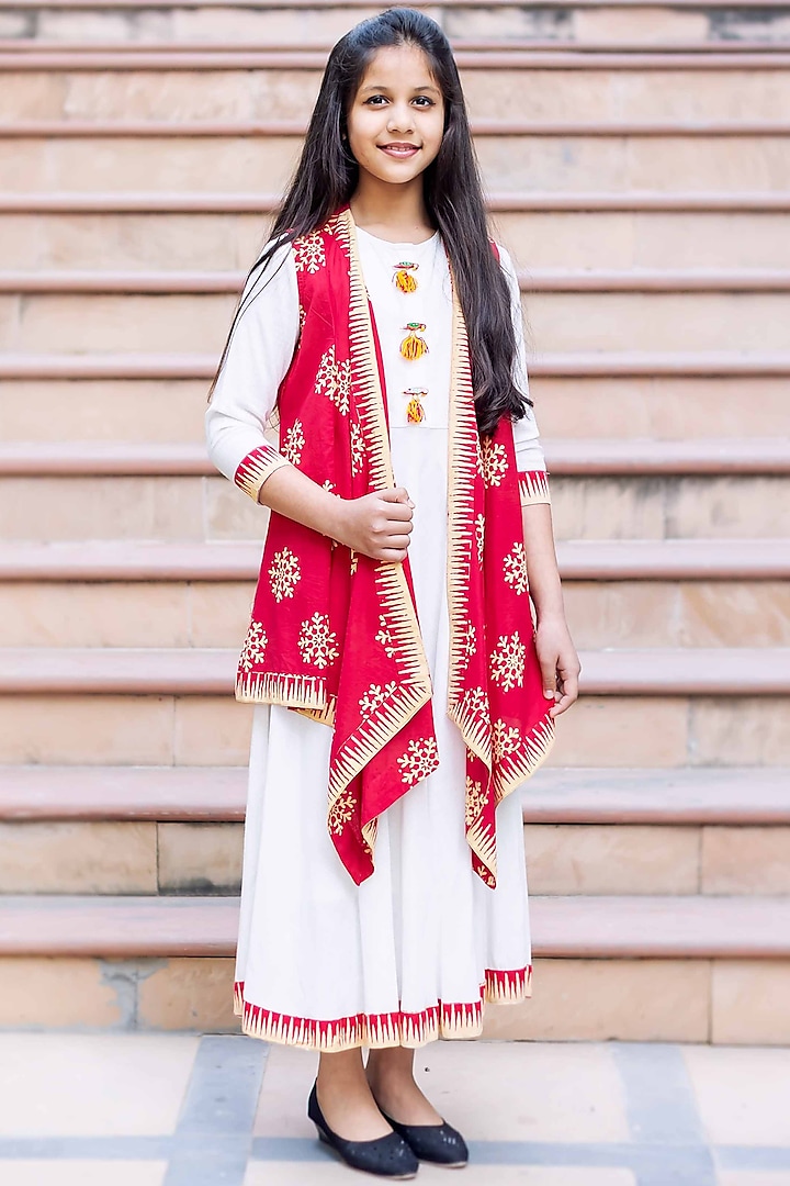 Vermillion & White Cotton Jacket Dress For Girls by MISSPRINT at Pernia's Pop Up Shop