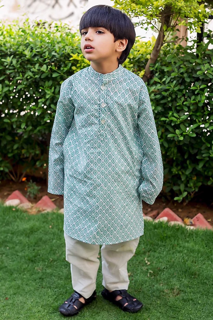 Blue Cotton Hand Block Printed Kurta Set For Boys by MISSPRINT at Pernia's Pop Up Shop