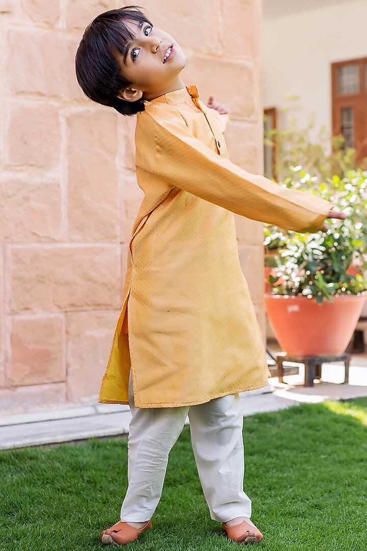 Yellow Chanderi Hand Block Printed Kurta Set For Boys by MISSPRINT at Pernia's Pop Up Shop