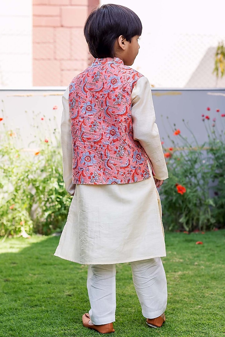 Peach Chanderi Hand Block Printed Waistcoat Set For Boys by MISSPRINT at Pernia's Pop Up Shop