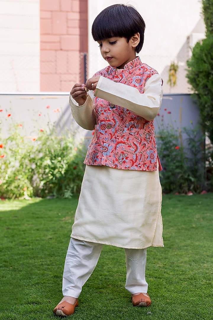 Peach Chanderi Hand Block Printed Waistcoat Set For Boys by MISSPRINT at Pernia's Pop Up Shop