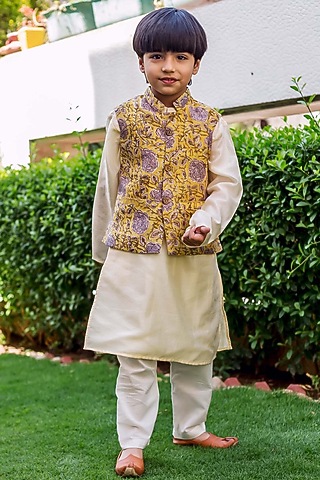 Yellow Chanderi Hand Block Printed Waistcoat Set For Boys by MISSPRINT