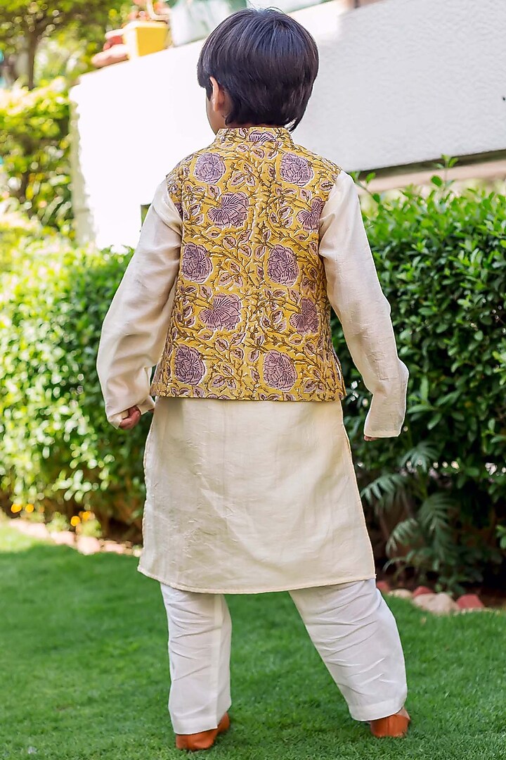 Yellow Chanderi Hand Block Printed Waistcoat Set For Boys by MISSPRINT at Pernia's Pop Up Shop