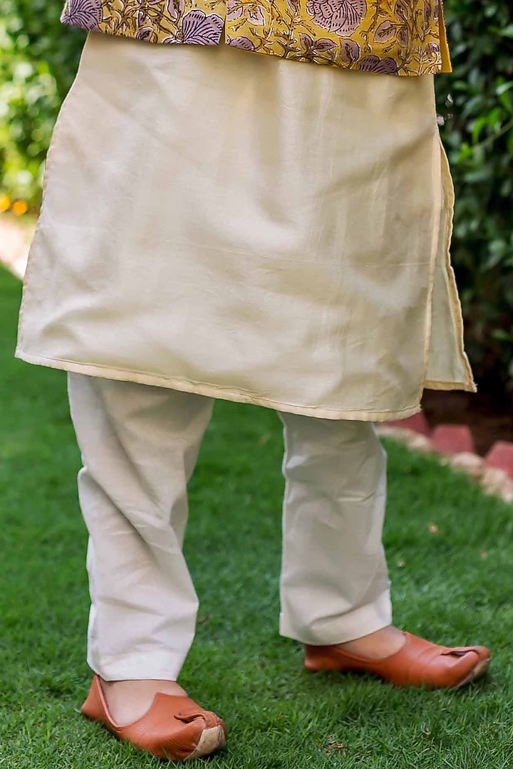 Yellow Chanderi Hand Block Printed Waistcoat Set For Boys by MISSPRINT at Pernia's Pop Up Shop