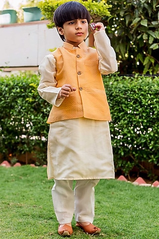 Yellow Chanderi Hand Block Printed Waistcoat Set For Boys by MISSPRINT