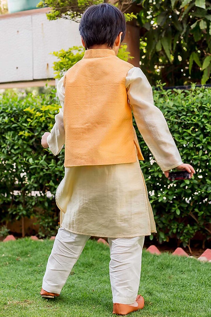 Yellow Chanderi Hand Block Printed Waistcoat Set For Boys by MISSPRINT at Pernia's Pop Up Shop