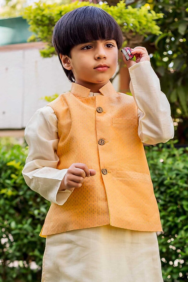 Yellow Chanderi Hand Block Printed Waistcoat Set For Boys by MISSPRINT at Pernia's Pop Up Shop