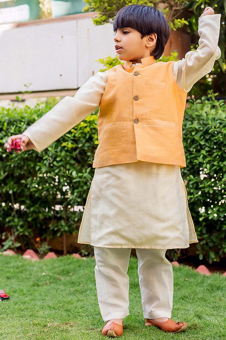 Yellow Chanderi Hand Block Printed Waistcoat Set For Boys by MISSPRINT at Pernia's Pop Up Shop