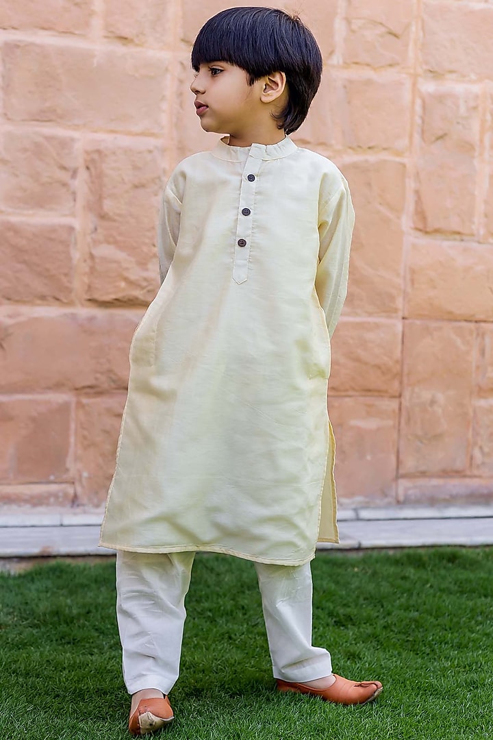 Cream Chanderi Kurta Set For Boys by MISSPRINT at Pernia's Pop Up Shop