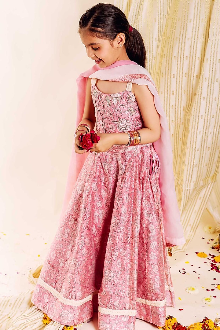 Pink Chanderi Hand Block Printed & Embroidered Lehenga Set For Girls by MISSPRINT at Pernia's Pop Up Shop