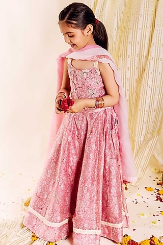 Pink Chanderi Hand Block Printed & Embroidered Lehenga Set For Girls by MISSPRINT