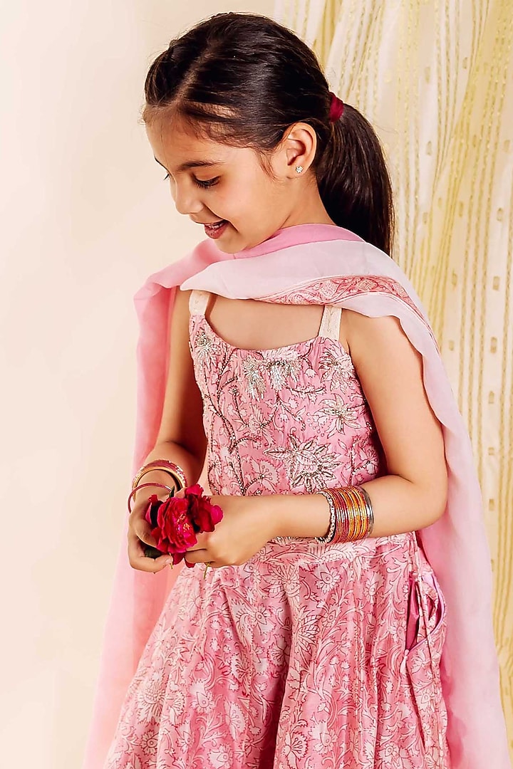 Pink Chanderi Hand Block Printed & Embroidered Lehenga Set For Girls by MISSPRINT at Pernia's Pop Up Shop