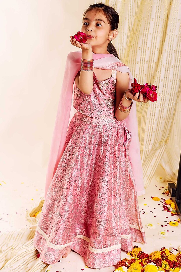 Pink Chanderi Hand Block Printed & Embroidered Lehenga Set For Girls by MISSPRINT at Pernia's Pop Up Shop