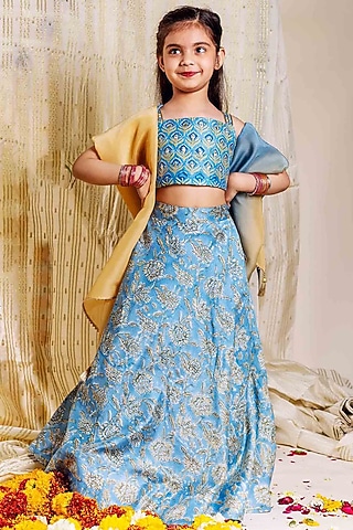 Blue Chanderi Hand Block Printed & Embroidered Lehenga Set For Girls by MISSPRINT
