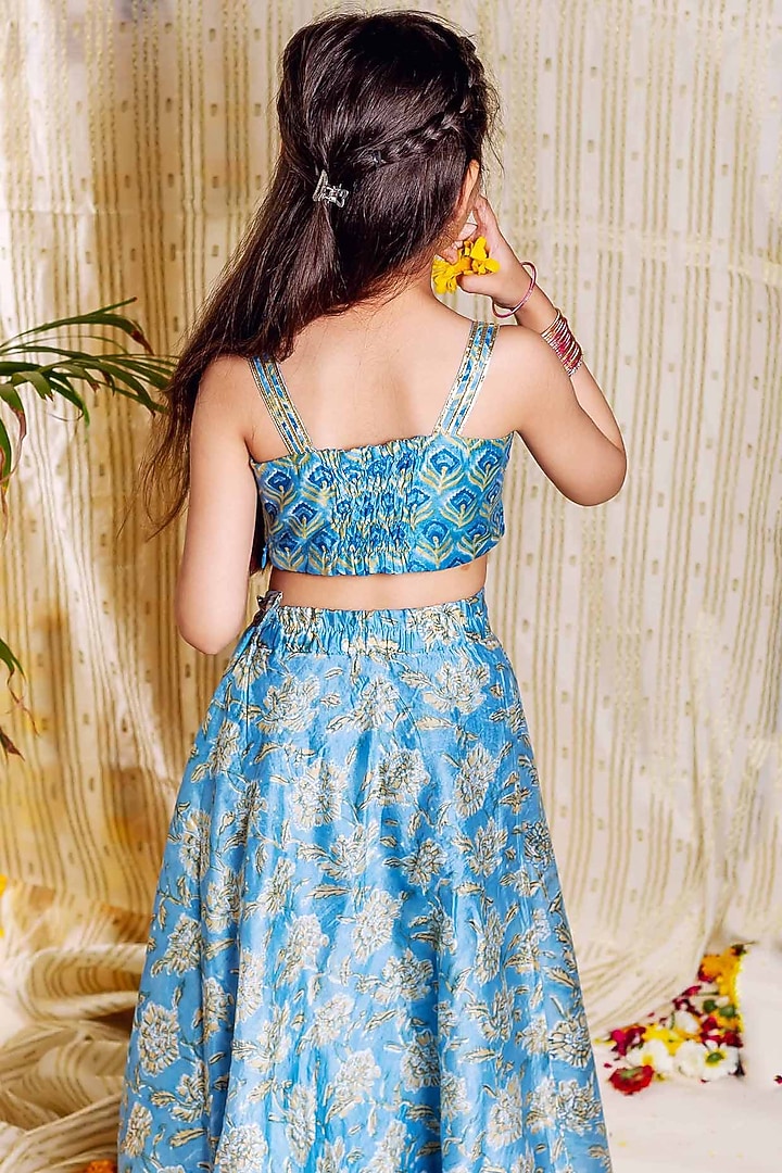 Blue Chanderi Hand Block Printed & Embroidered Lehenga Set For Girls by MISSPRINT at Pernia's Pop Up Shop