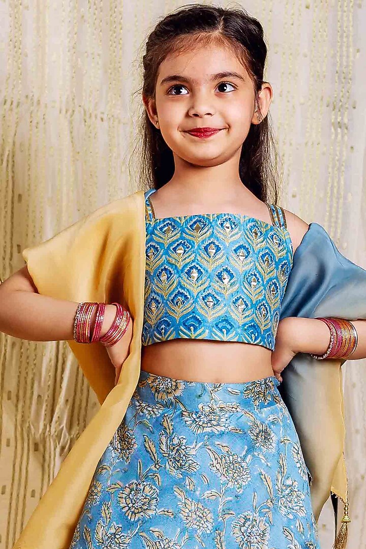 Blue Chanderi Hand Block Printed & Embroidered Lehenga Set For Girls by MISSPRINT at Pernia's Pop Up Shop