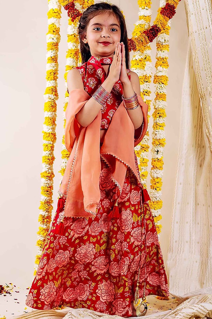 Red Chanderi Hand Block Printed & Embroidered Lehenga Set For Girls by MISSPRINT at Pernia's Pop Up Shop