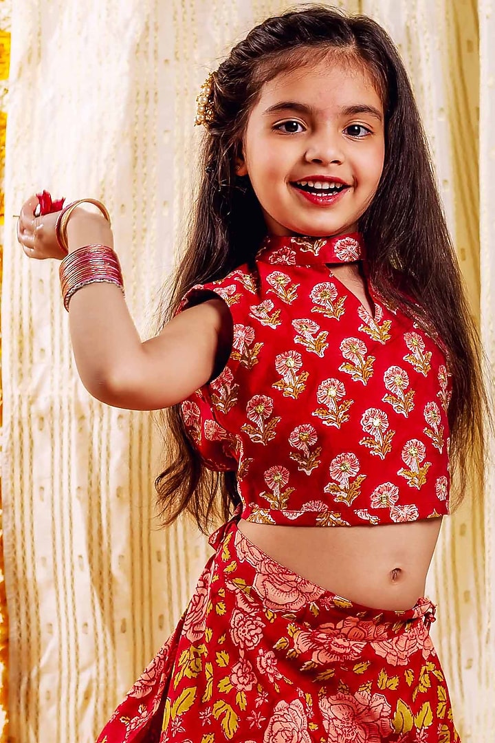 Red Chanderi Hand Block Printed & Embroidered Lehenga Set For Girls by MISSPRINT at Pernia's Pop Up Shop