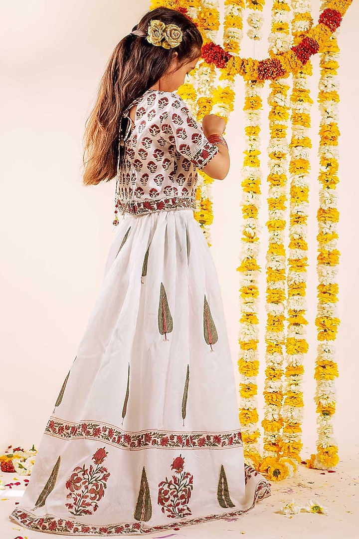 White Chanderi Hand Block Printed & Hand Embroidered Lehenga Set For Girls by MISSPRINT at Pernia's Pop Up Shop