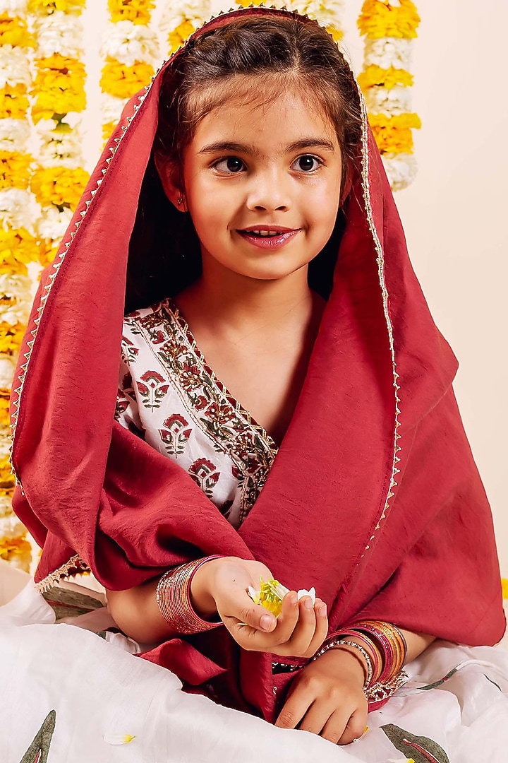 White Chanderi Hand Block Printed & Hand Embroidered Lehenga Set For Girls by MISSPRINT at Pernia's Pop Up Shop