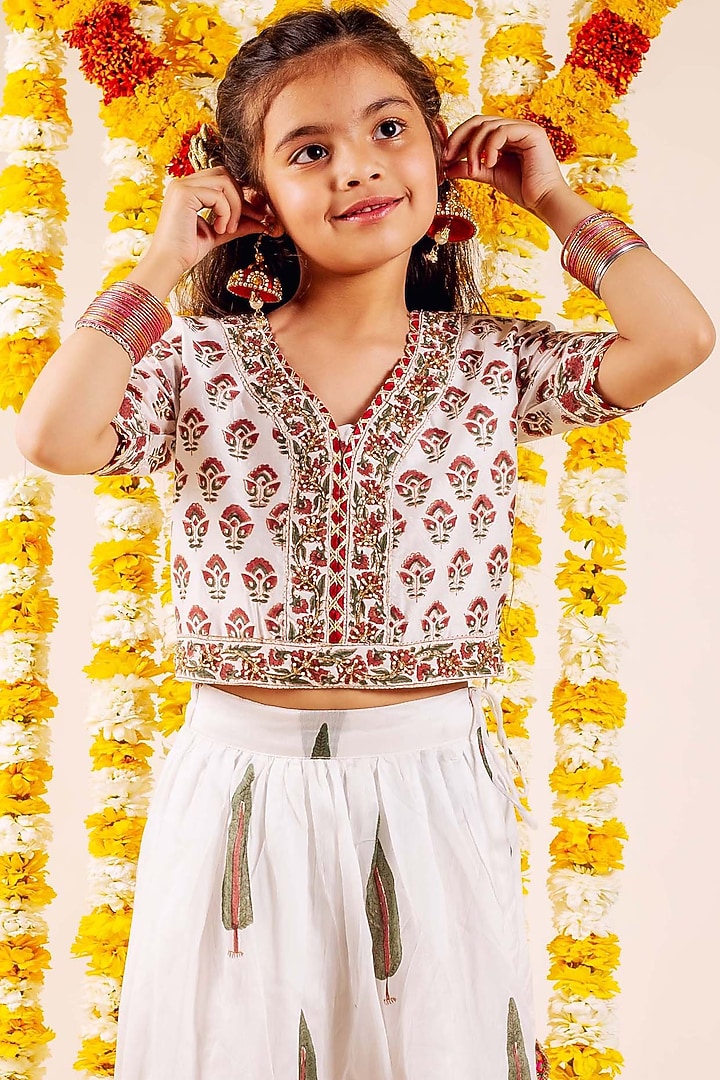 White Chanderi Hand Block Printed & Hand Embroidered Lehenga Set For Girls by MISSPRINT at Pernia's Pop Up Shop