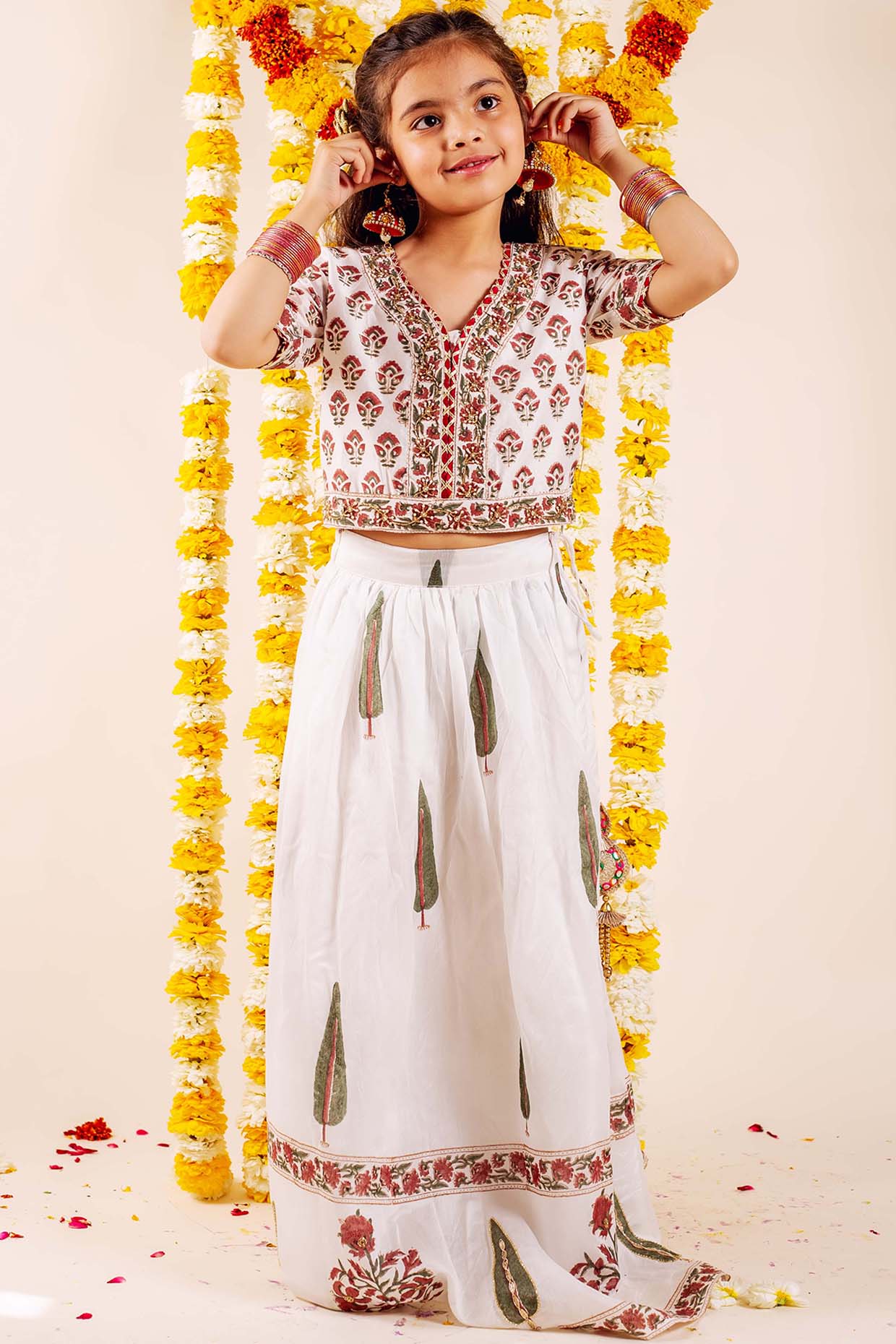 White Chanderi Hand Block Printed & Hand Embroidered Lehenga Set For Girls by MISSPRINT at Pernia's Pop Up Shop