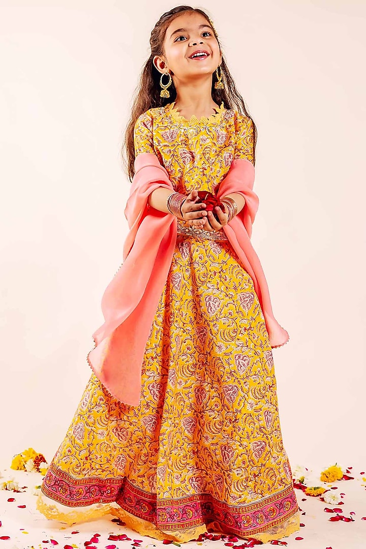 Yellow Chanderi Hand Block Printed & Embroidered Lehenga Set For Girls by MISSPRINT at Pernia's Pop Up Shop