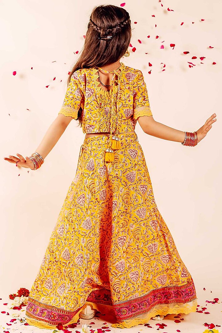 Yellow Chanderi Hand Block Printed & Embroidered Lehenga Set For Girls by MISSPRINT at Pernia's Pop Up Shop