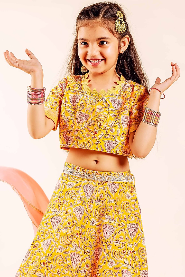 Yellow Chanderi Hand Block Printed & Embroidered Lehenga Set For Girls by MISSPRINT at Pernia's Pop Up Shop