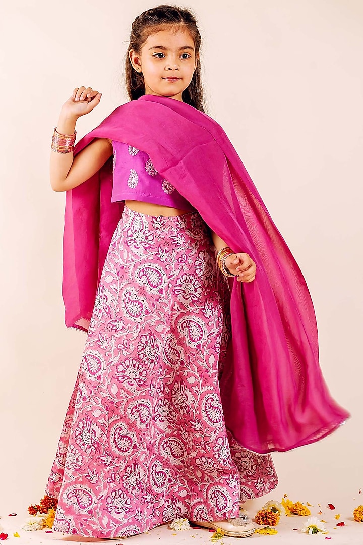 Pink Chanderi Hand Block Printed & Hand Embroidered Lehenga Set For Girls by MISSPRINT at Pernia's Pop Up Shop