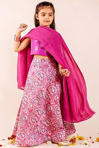 Pink Chanderi Hand Block Printed & Hand Embroidered Lehenga Set For Girls by MISSPRINT