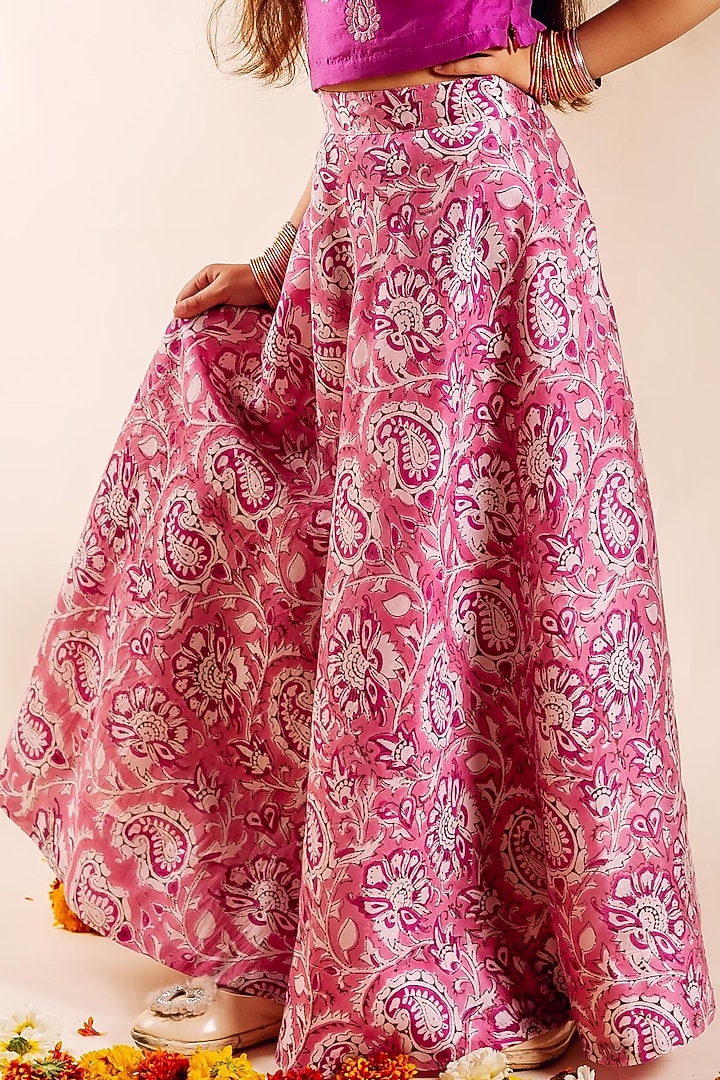 Pink Chanderi Hand Block Printed & Hand Embroidered Lehenga Set For Girls by MISSPRINT at Pernia's Pop Up Shop