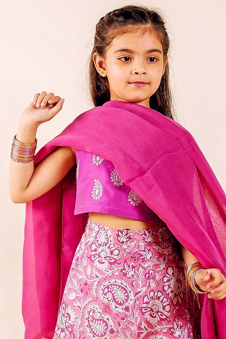 Pink Chanderi Hand Block Printed & Hand Embroidered Lehenga Set For Girls by MISSPRINT at Pernia's Pop Up Shop