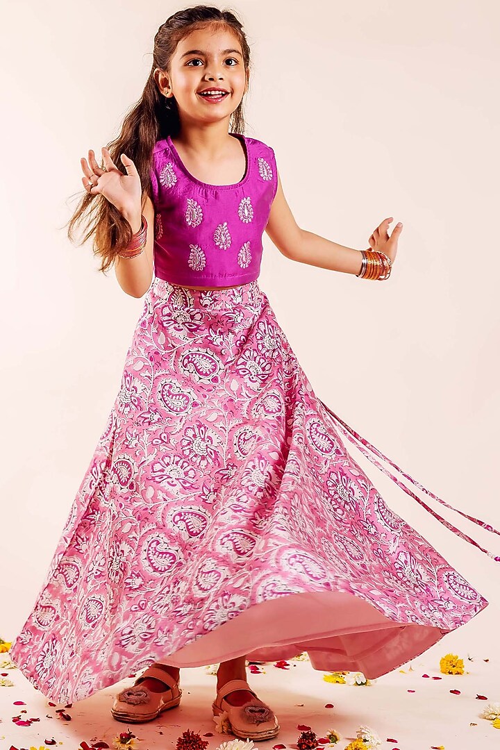 Pink Chanderi Hand Block Printed & Hand Embroidered Lehenga Set For Girls by MISSPRINT at Pernia's Pop Up Shop