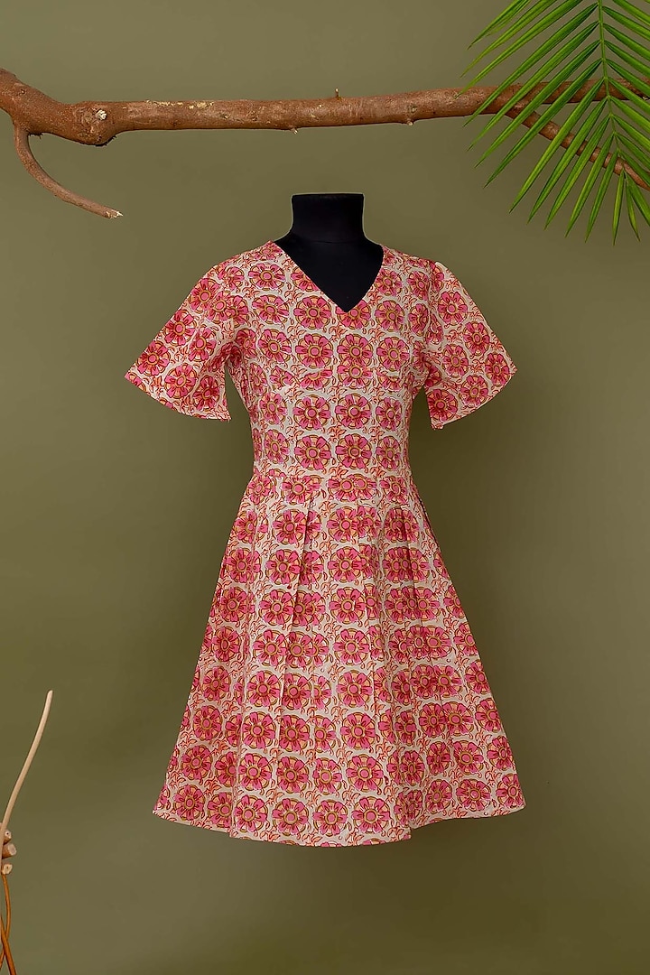 Red Cotton Hand Block Printed Pleated Dress For Girls by MISSPRINT at Pernia's Pop Up Shop