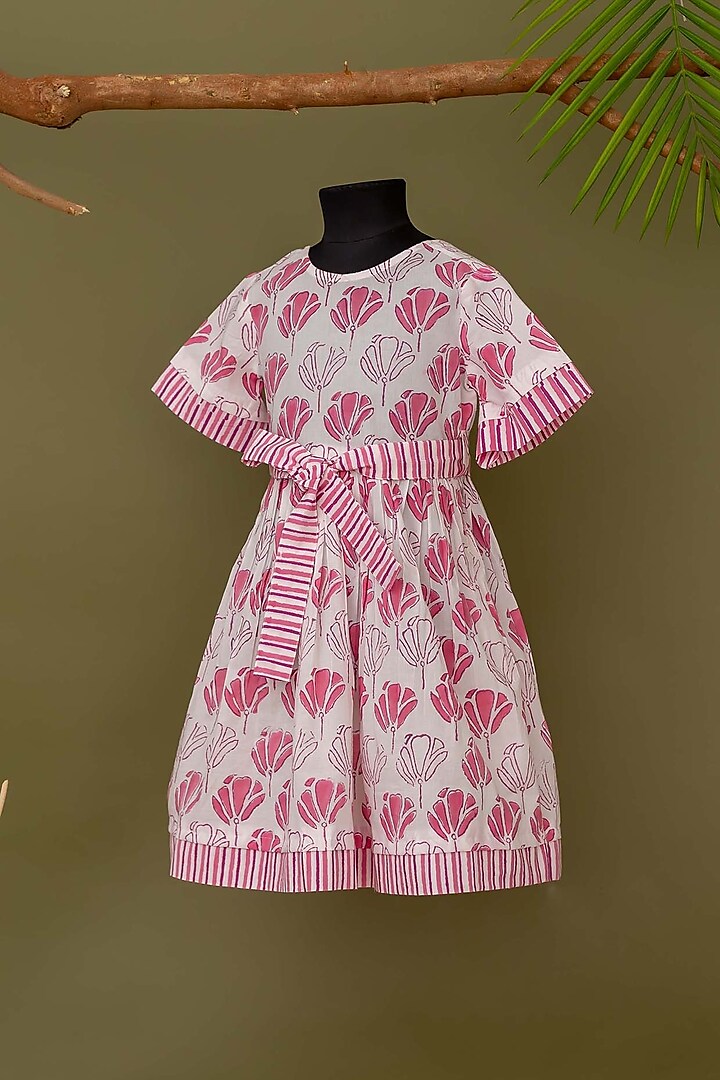 White & Pink Cotton Floral Printed Dress For Girls by MISSPRINT at Pernia's Pop Up Shop